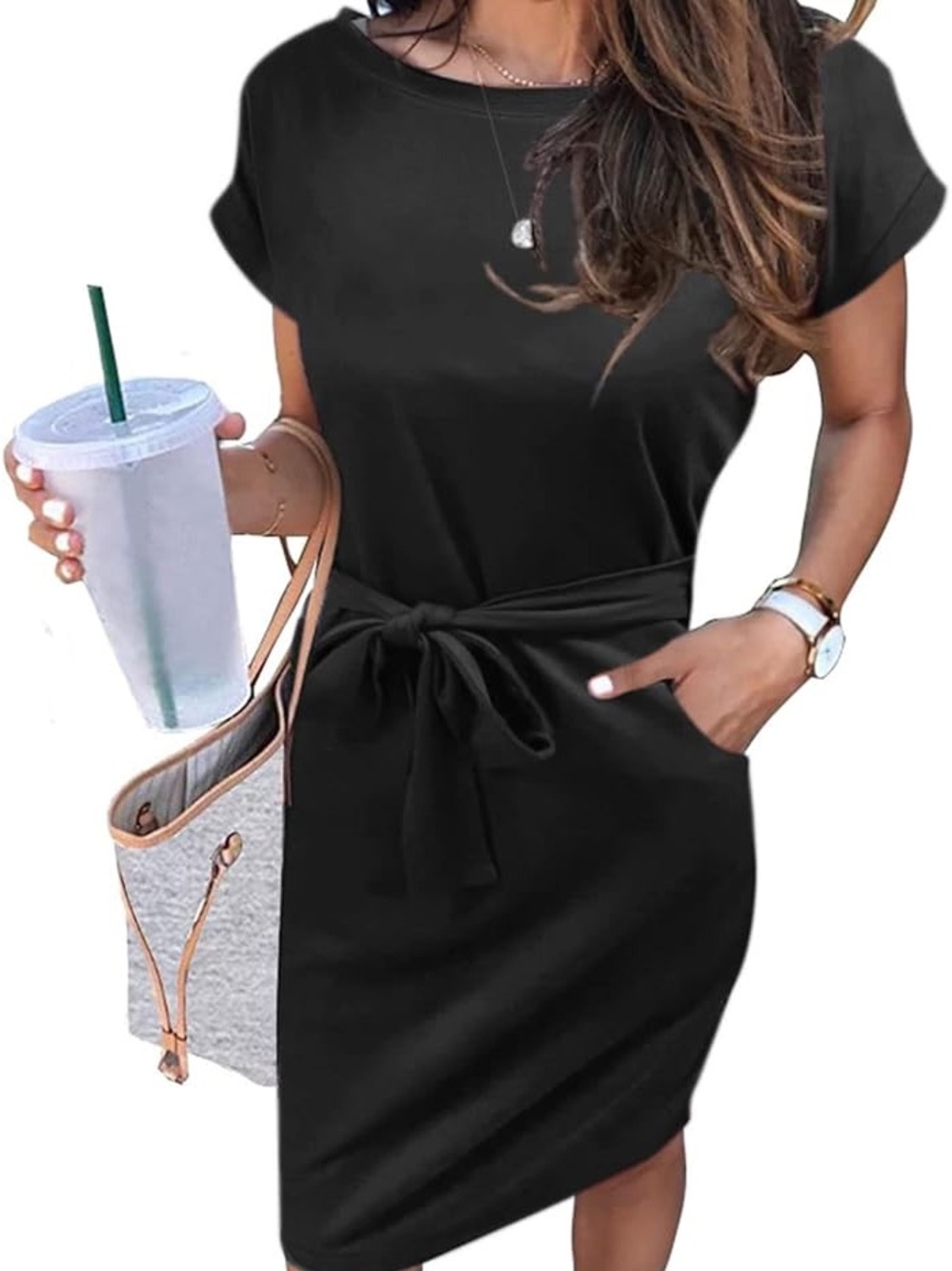 NWT Suvotimo Black Short Sleeve  Dress with Pockets and Side Tie Medium